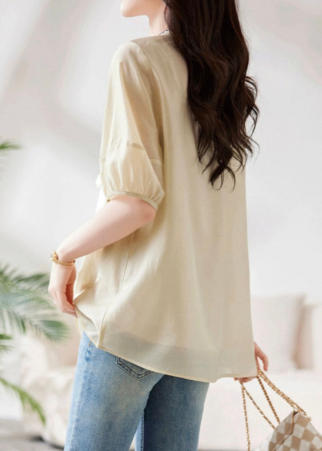 Khaki Solid Patchwork Chiffon Summer Shirts O-Neck