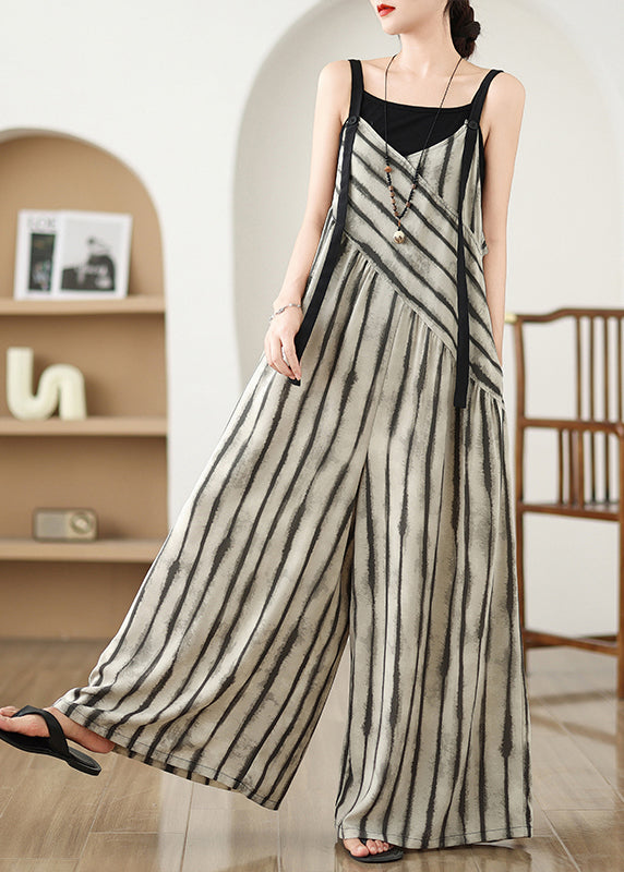 Khaki Striped Jumpsuit Wide Leg Pants Summer