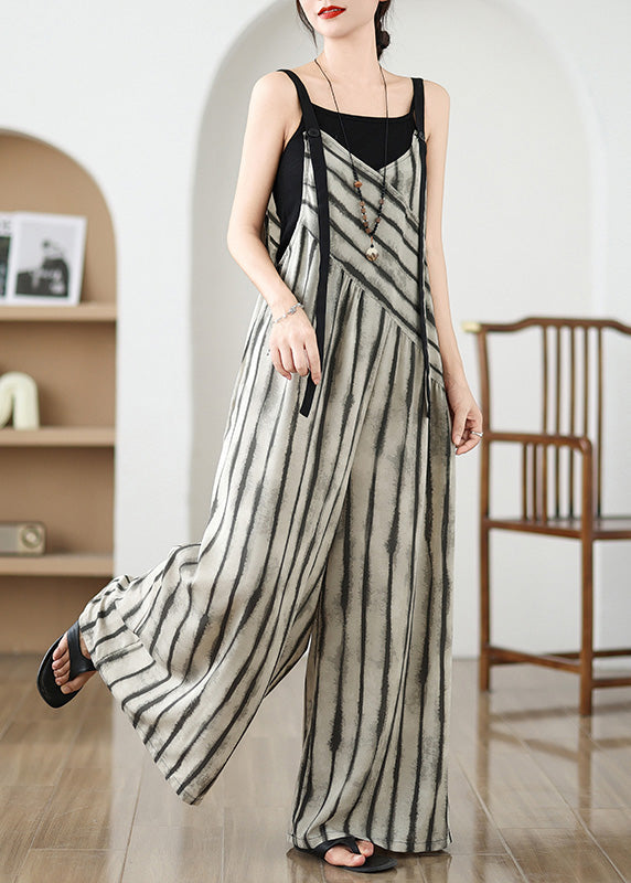 Khaki Striped Jumpsuit Wide Leg Pants Summer