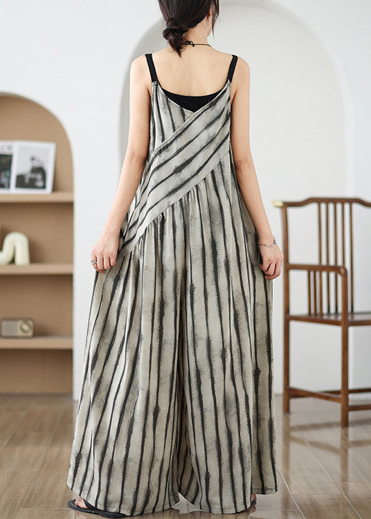 Khaki Striped Jumpsuit Wide Leg Pants Summer