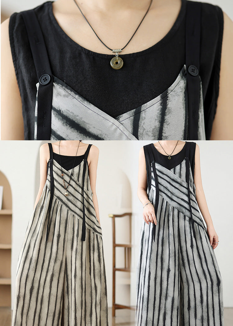 Khaki Striped Jumpsuit Wide Leg Pants Summer