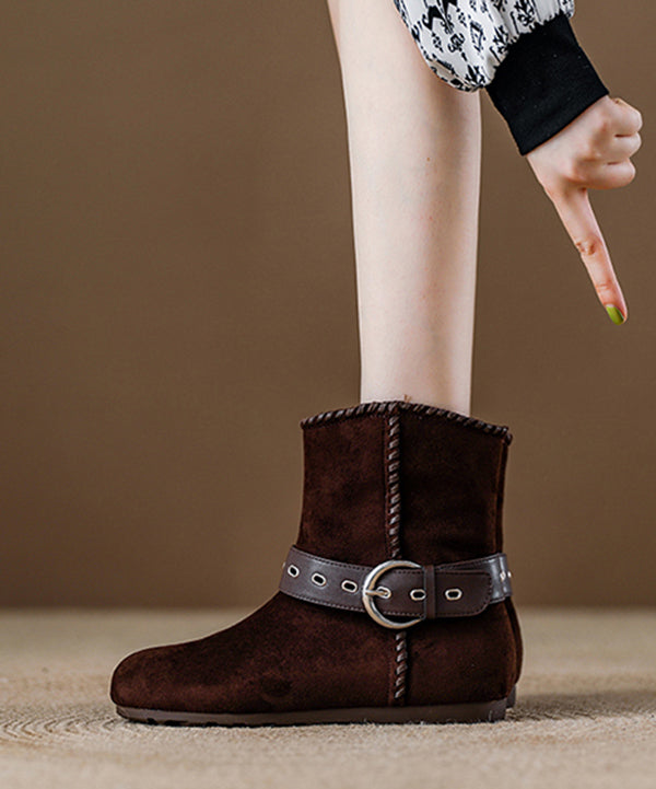 Khaki Suede Beautiful Buckle Strap Splicing Boots