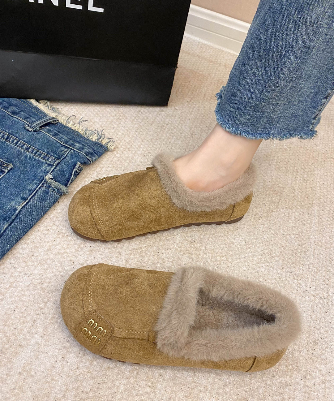Khaki Suede Women Splicing Cozy Warm Flats