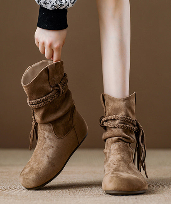Khaki Tassel Wrinkled Splicing Bohemian Suede Boots