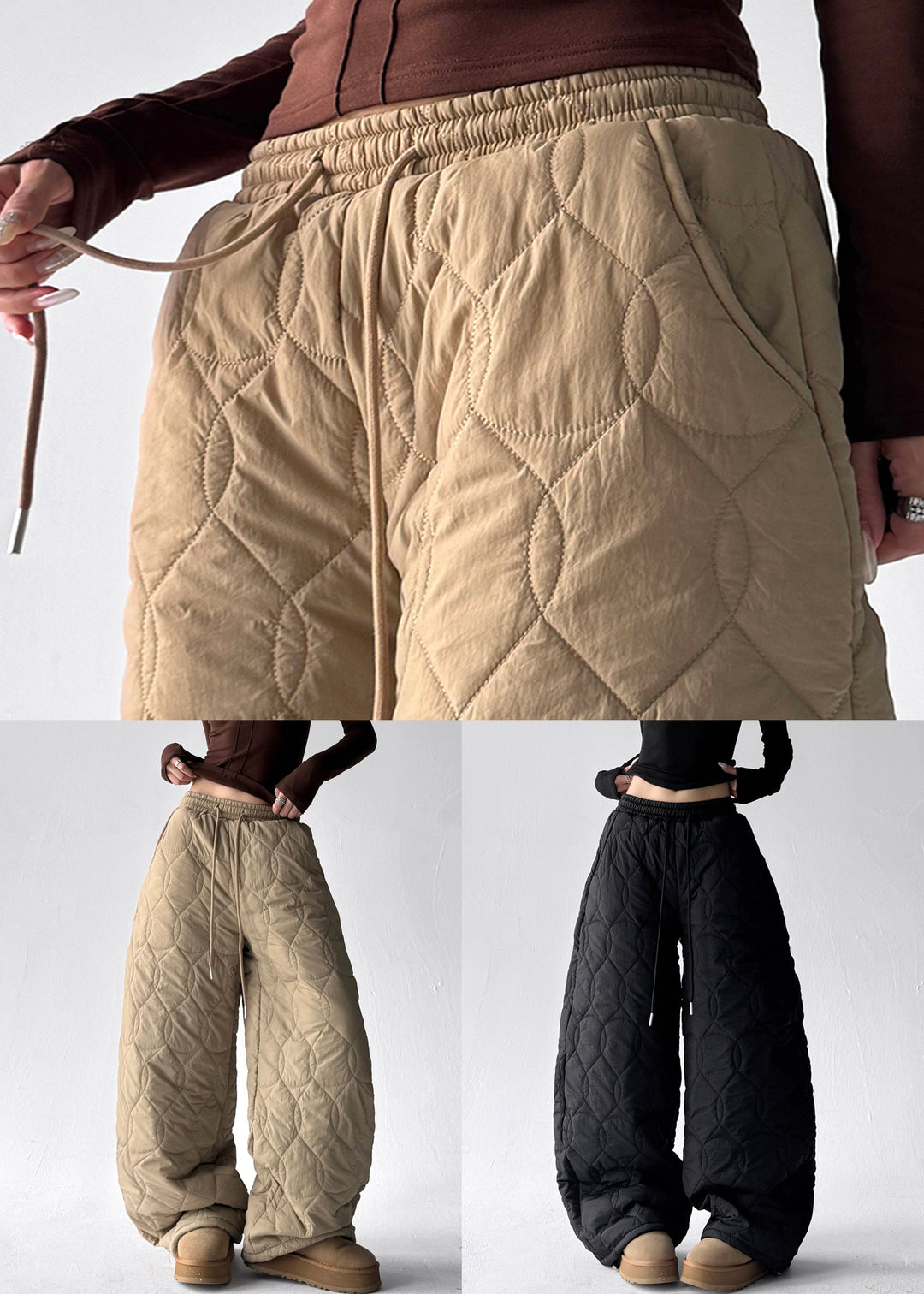 Khaki Thick Elastic Waist Cotton Filled Wide Leg Pants Pockets