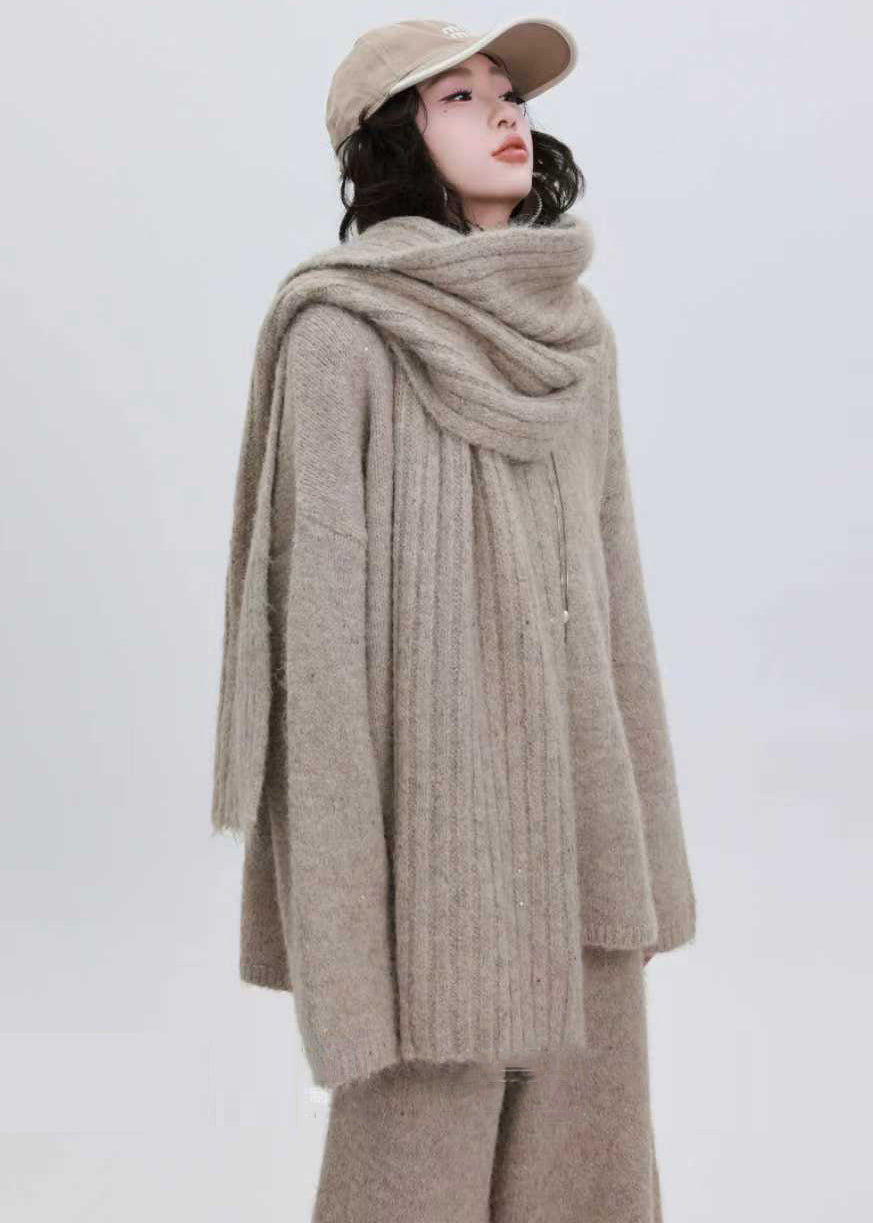 Khaki Warm Knit Cozy Two Pieces Set Sequins Winter