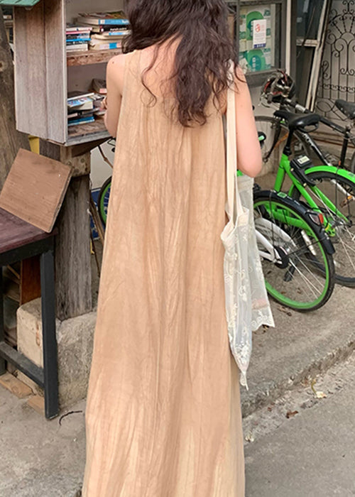 Khaki Wear On Both Sides Linen Long Dresses Wrinkled Summer