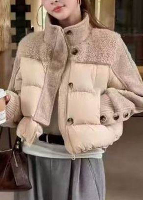 Khaki Zippered Drawstring Patchwork Duck Down Coat Stand Collar