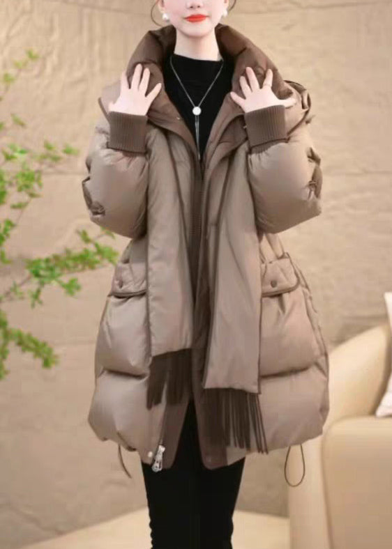 Khaki Zippered Drawstring Removable Patchwork Duck Down Down Coat Hooded