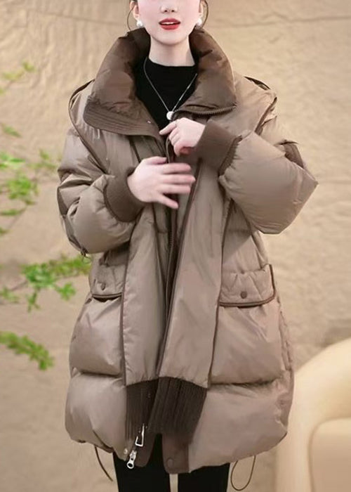 Khaki Zippered Drawstring Removable Patchwork Duck Down Down Coat Hooded