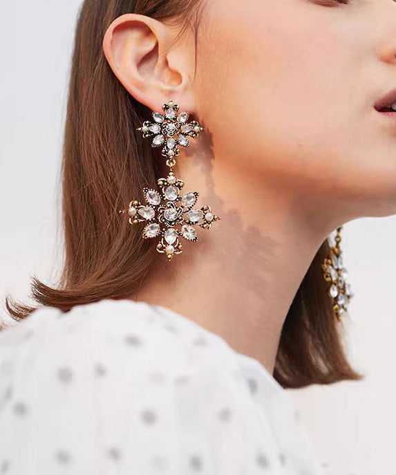 Korean Court Style Gold Floral Zircon Personalized Earrings