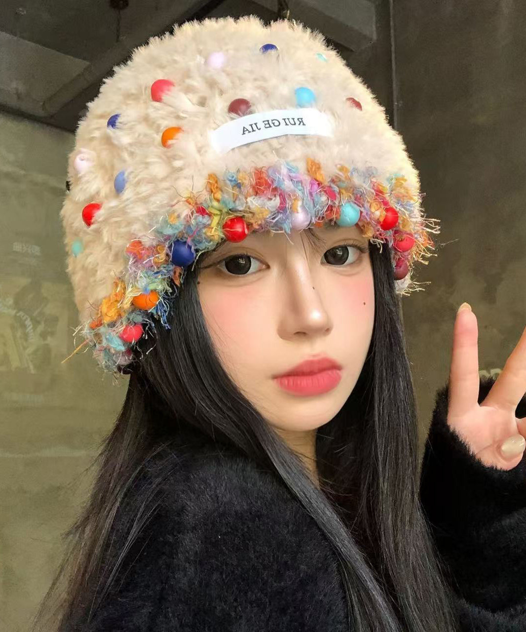 Korean Style Beige Multi Bead Fuzzy Fur Knit Warm Boonie Hat