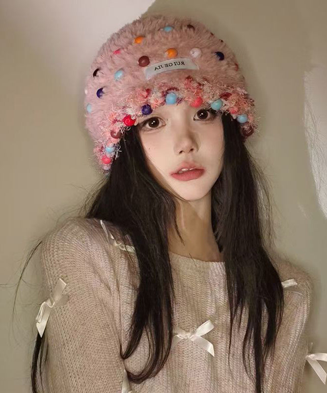 Korean Style Beige Multi Bead Fuzzy Fur Knit Warm Boonie Hat