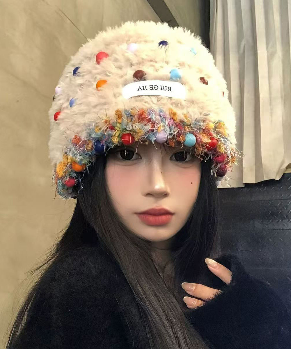 Korean Style Beige Multi Bead Fuzzy Fur Knit Warm Boonie Hat