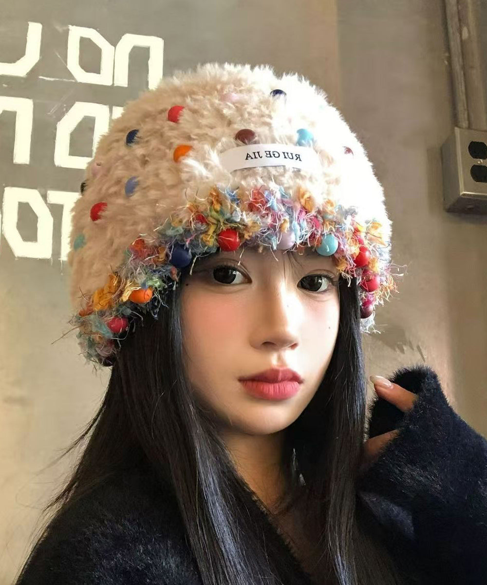 Korean Style Beige Multi Bead Fuzzy Fur Knit Warm Boonie Hat