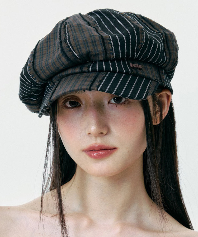 Korean Style Striped Patchwork Plaid Octagonal Breton Hat