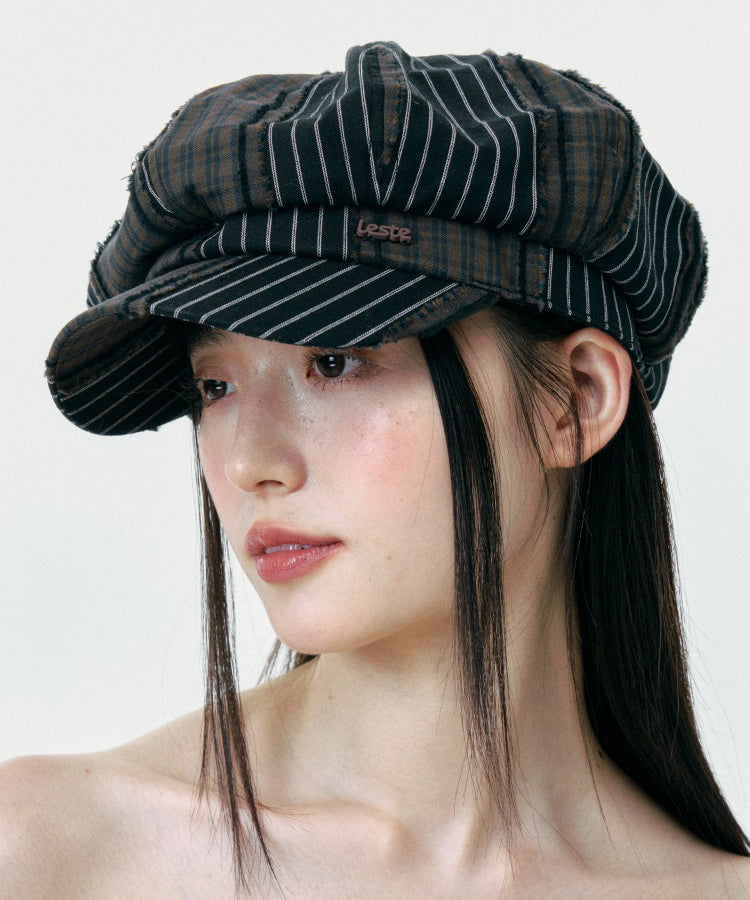 Korean Style Striped Patchwork Plaid Octagonal Breton Hat