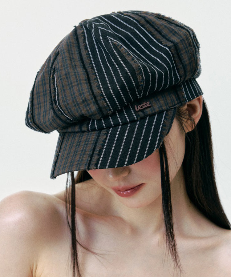 Korean Style Striped Patchwork Plaid Octagonal Breton Hat