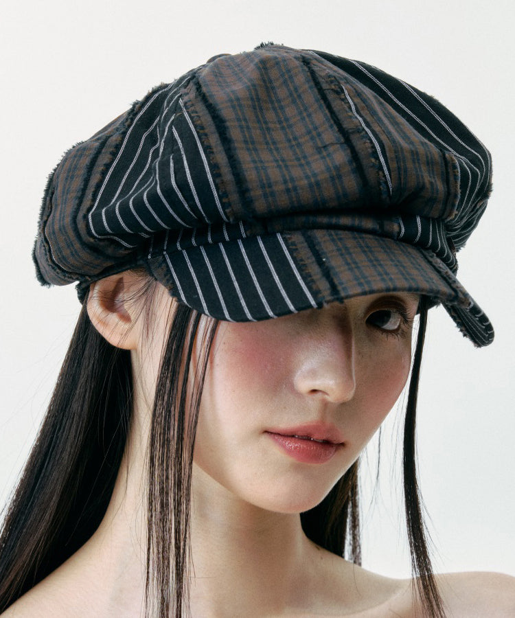 Korean Style Striped Patchwork Plaid Octagonal Breton Hat