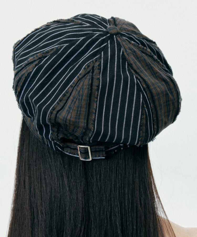 Korean Style Striped Patchwork Plaid Octagonal Breton Hat