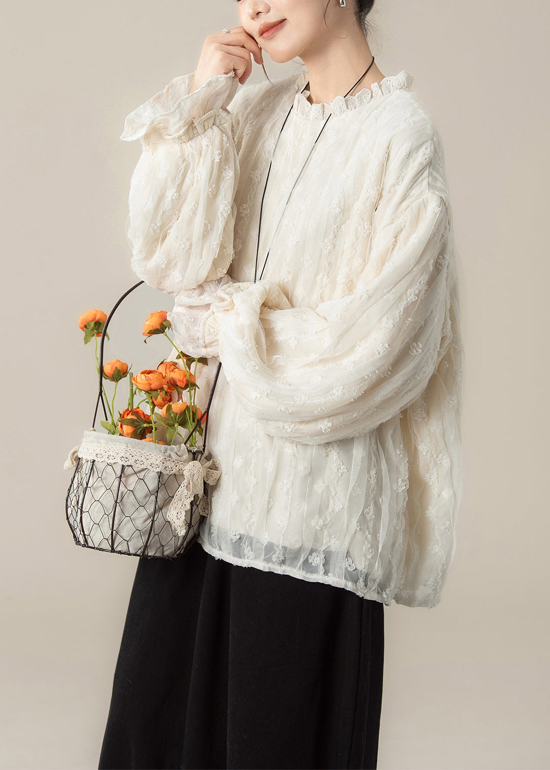 Korean Style Sweet Apricot Long Sleeved Lace Top And Pants 2 Piece Outfit