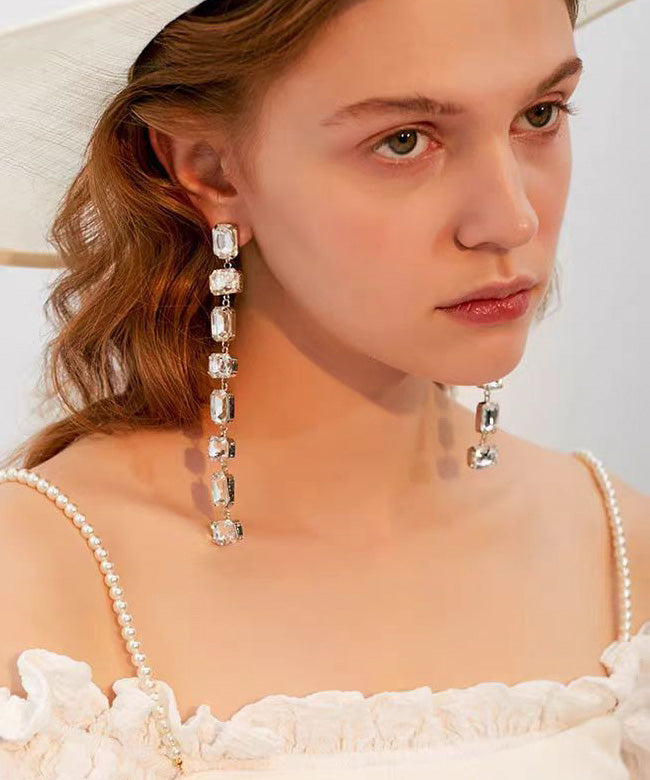 Korean Style Version Zircon Silver Needle Long Earrings