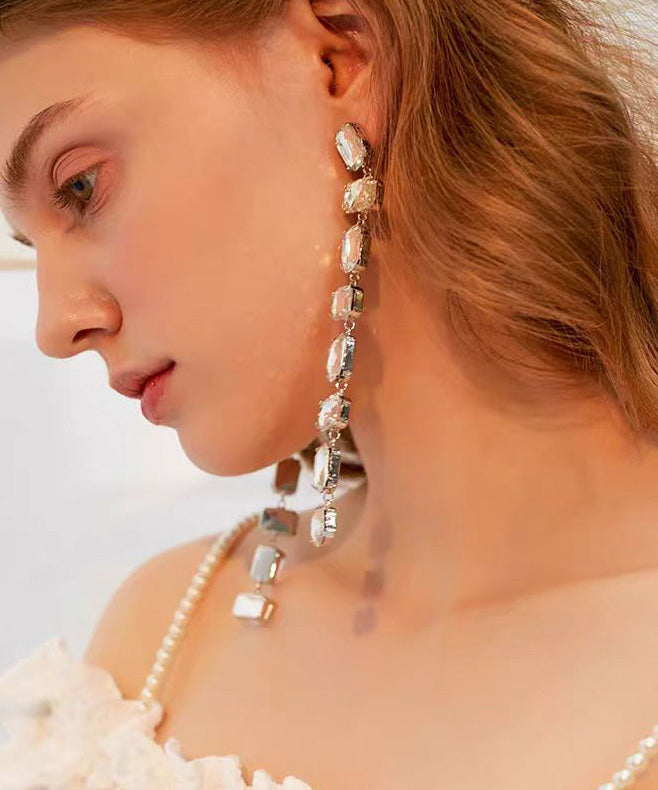 Korean Style Version Zircon Silver Needle Long Earrings