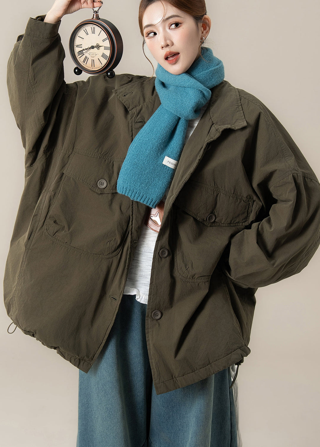 Korean Version Green Pocket Cotton Filled Jacket Outfit Winter