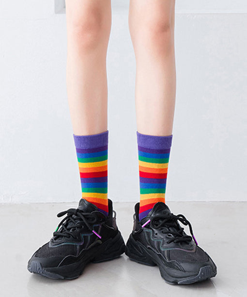 Korean Version Versatile Sports Style Rainbow Mid Calf Socks