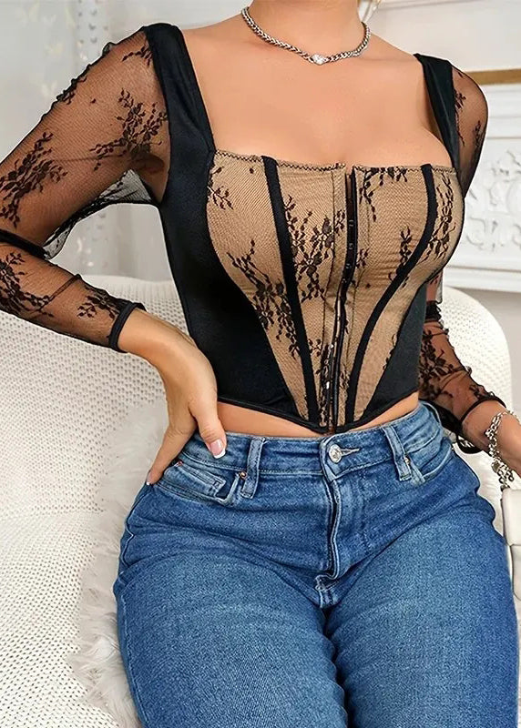 Lace Patchwork Hollow Out Tight Fitting Design Black Casual Top