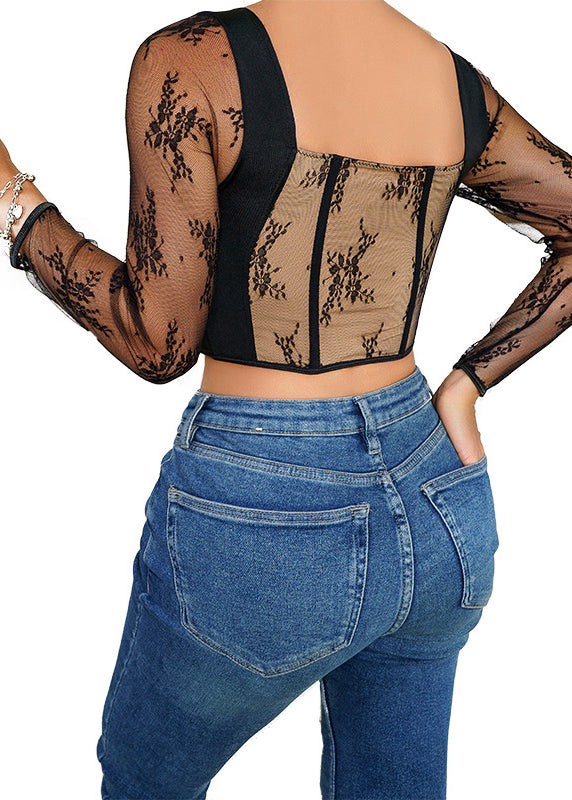 Lace Patchwork Hollow Out Tight Fitting Design Black Casual Top