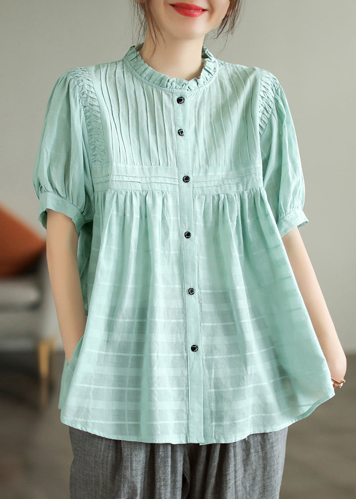 Lake Blue Cotton Loose Blouses Ruffled Summer
