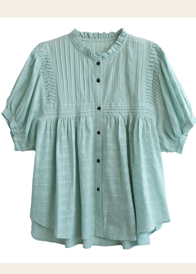 Lake Blue Cotton Loose Blouses Ruffled Summer