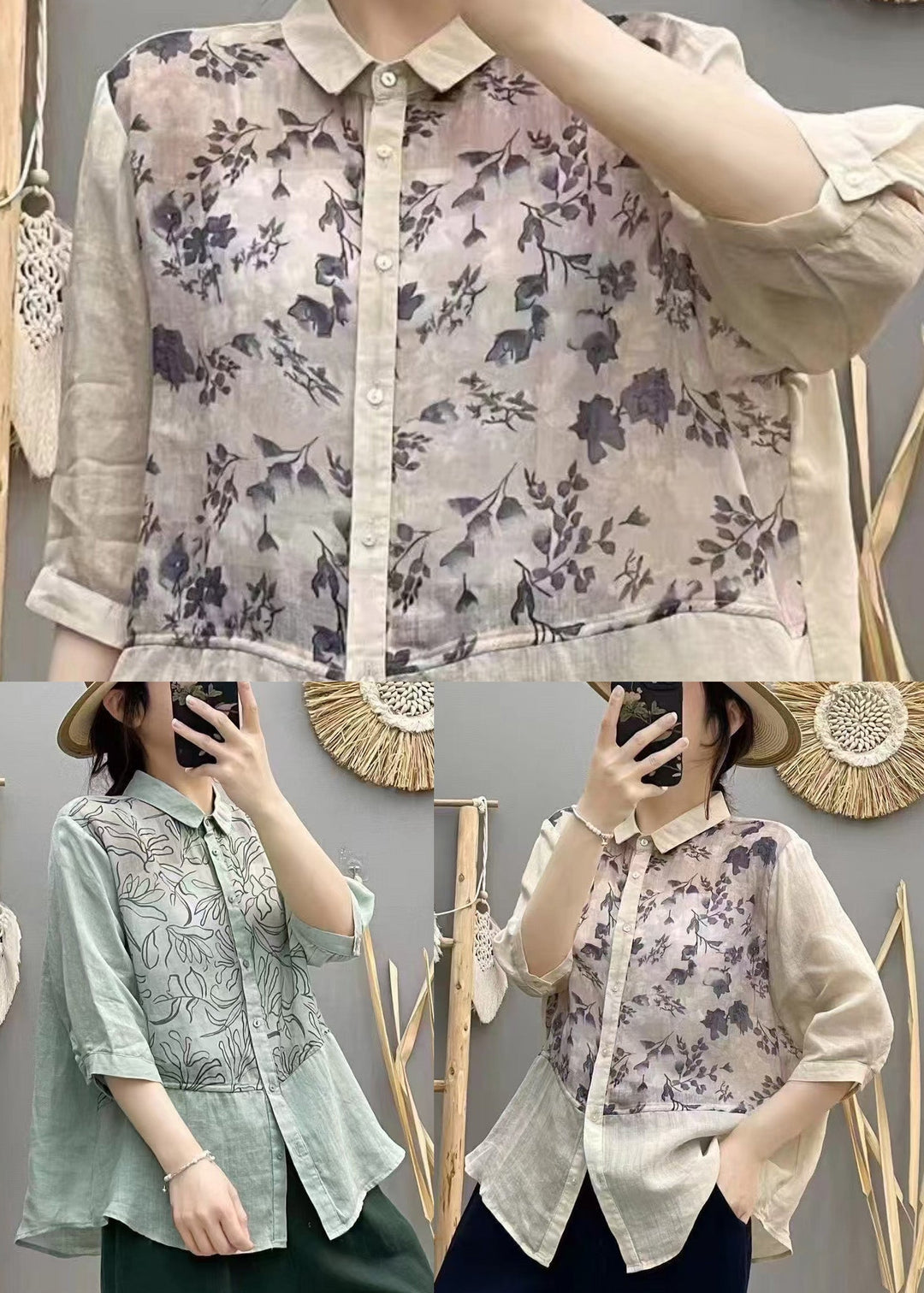 Lake Blue Patchwork Linen Tops Print Half Sleeve