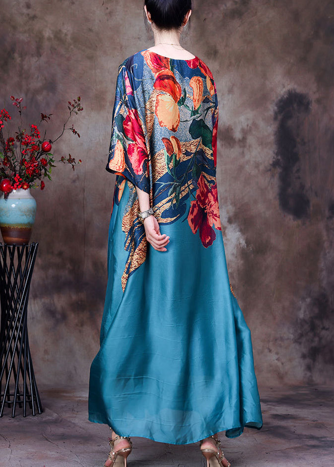 Lake Blue Pockets Print Silk Long Dresses O Neck Half Sleeve