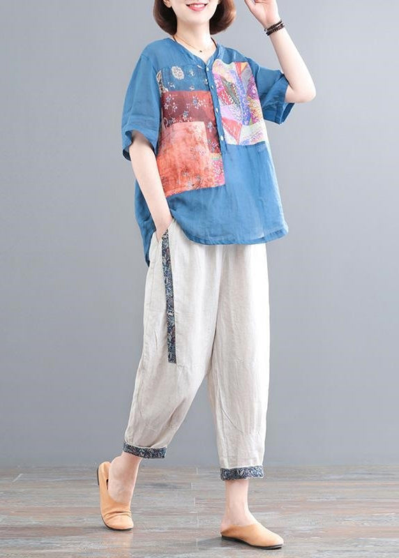 Lake Blue Print Linen Two Piece Set Oversized Summer