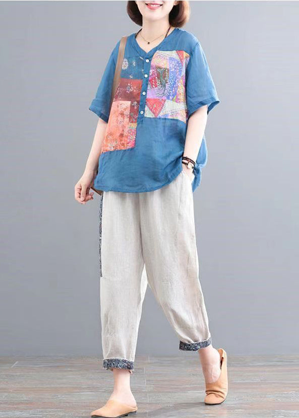 Lake Blue Print Linen Two Piece Set Oversized Summer