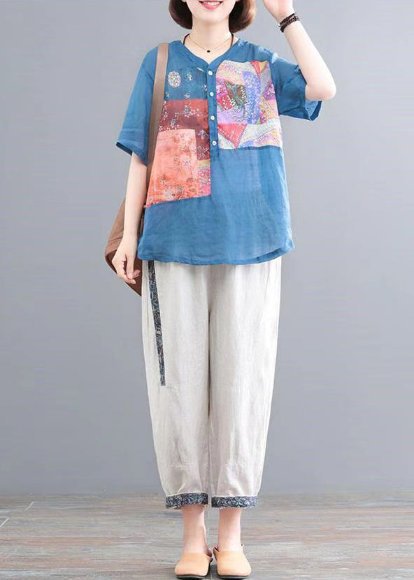 Lake Blue Print Linen Two Piece Set Oversized Summer
