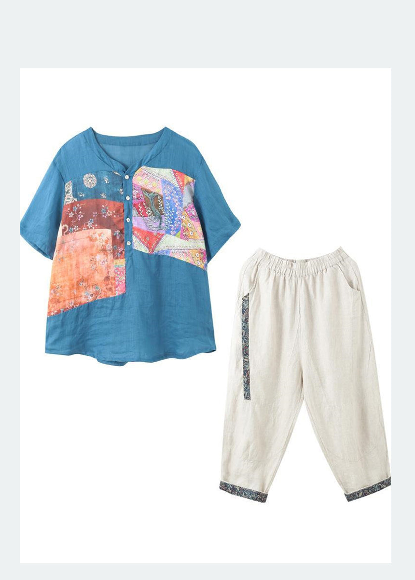 Lake Blue Print Linen Two Piece Set Oversized Summer