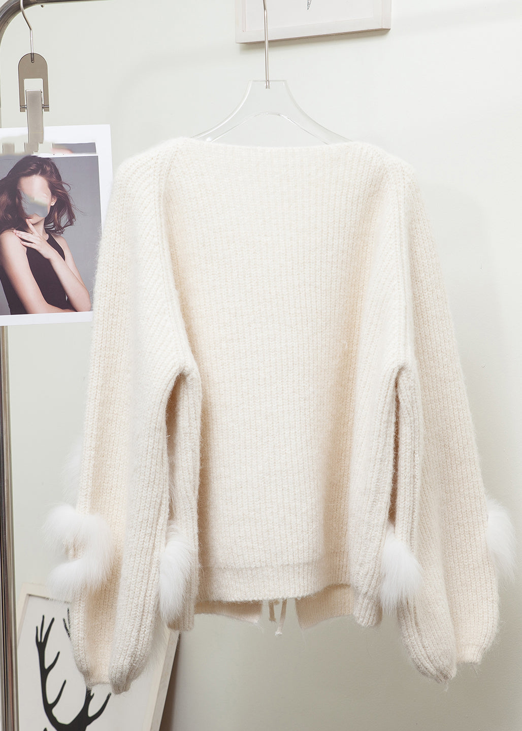 Lantern Red V Neck Floral Tie Waist Mink Hair Knitted Cardigan Long Sleeve