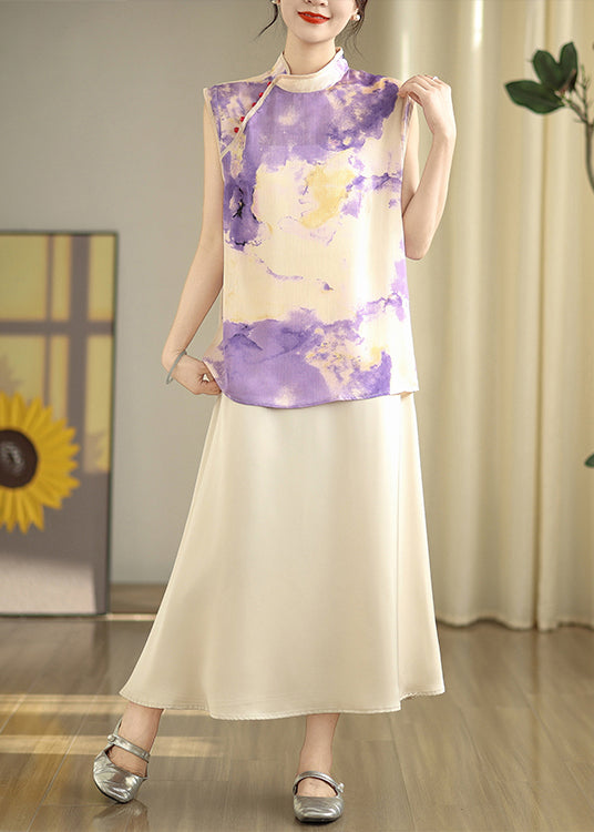 Lavender Tie Dye Silk Vests Chinese Button Sleeveless
