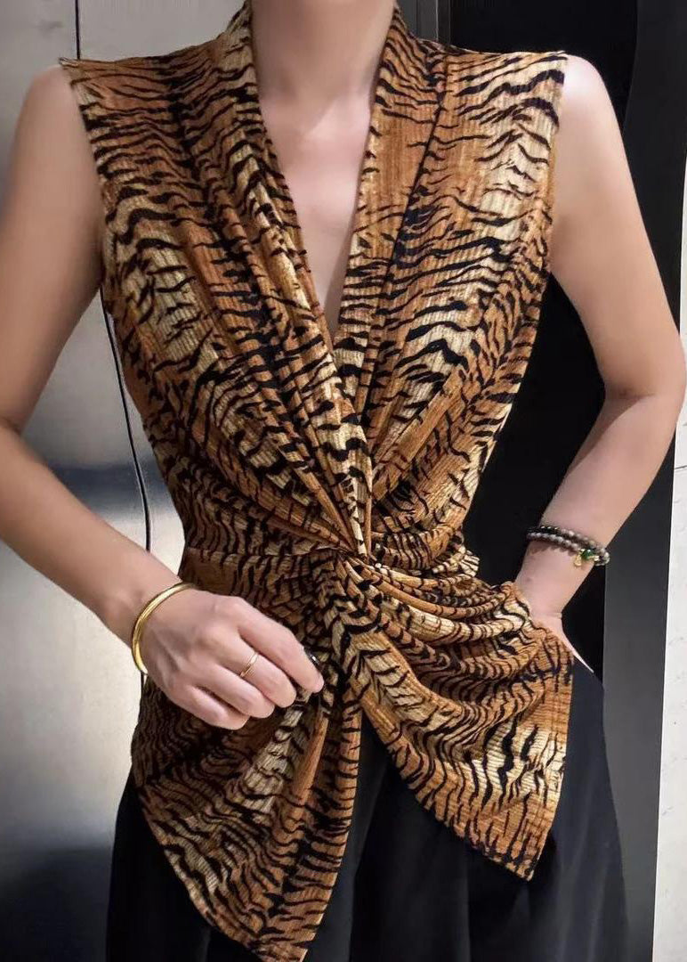 Leopard Print Cotton Shirts Asymmetrical Sleeveless