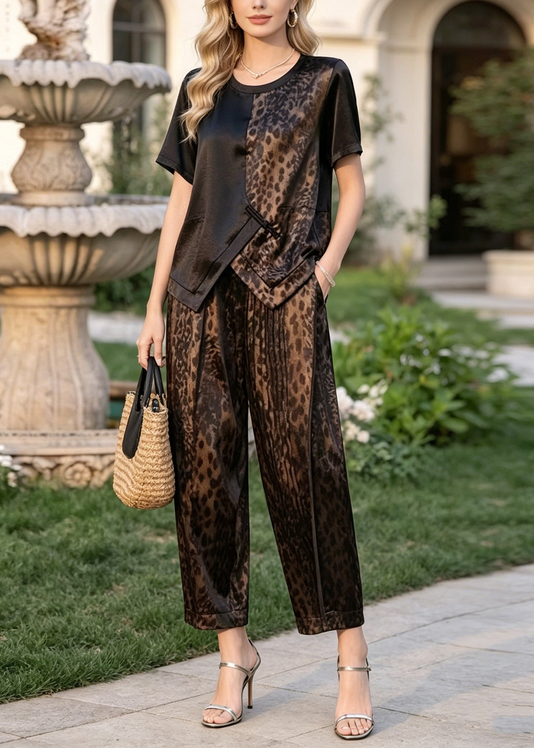 Leopard Print Patchwork Silk Two Pieces Set Asymmetrical Design Summer