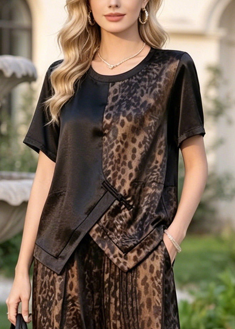 Leopard Print Patchwork Silk Two Pieces Set Asymmetrical Design Summer