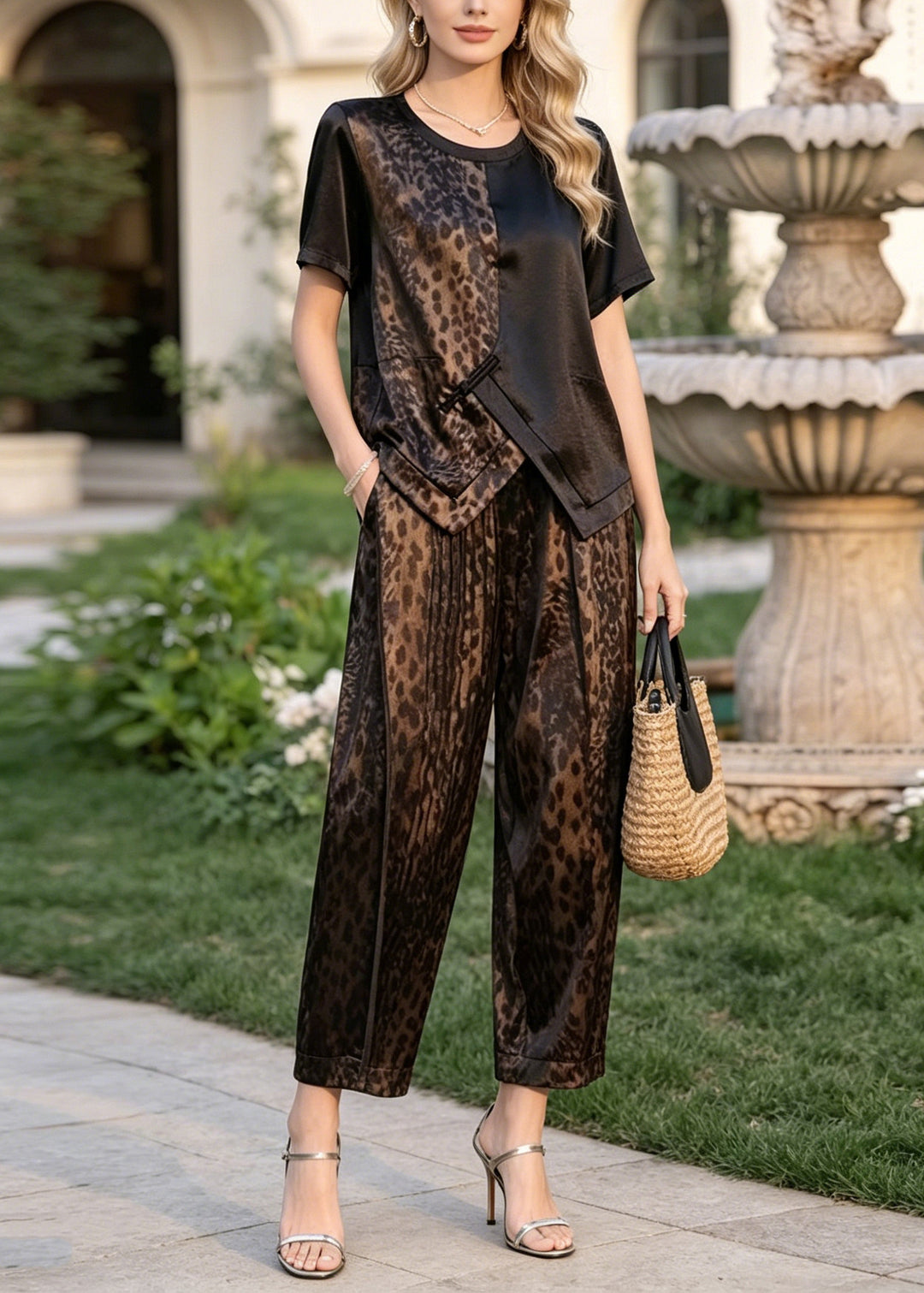 Leopard Print Patchwork Silk Two Pieces Set Asymmetrical Design Summer