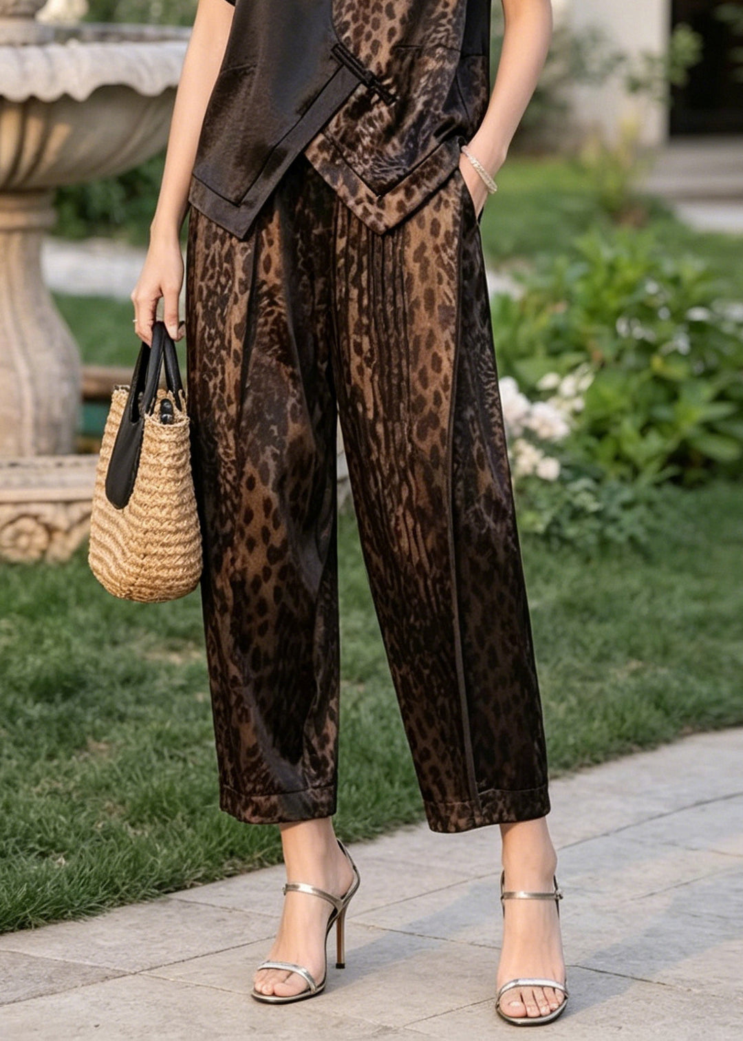 Leopard Print Patchwork Silk Two Pieces Set Asymmetrical Design Summer