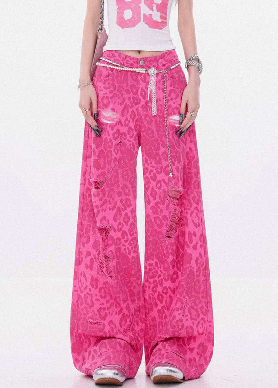 Leopard Rose Hole Pockets High Waist Denim Pants Summer