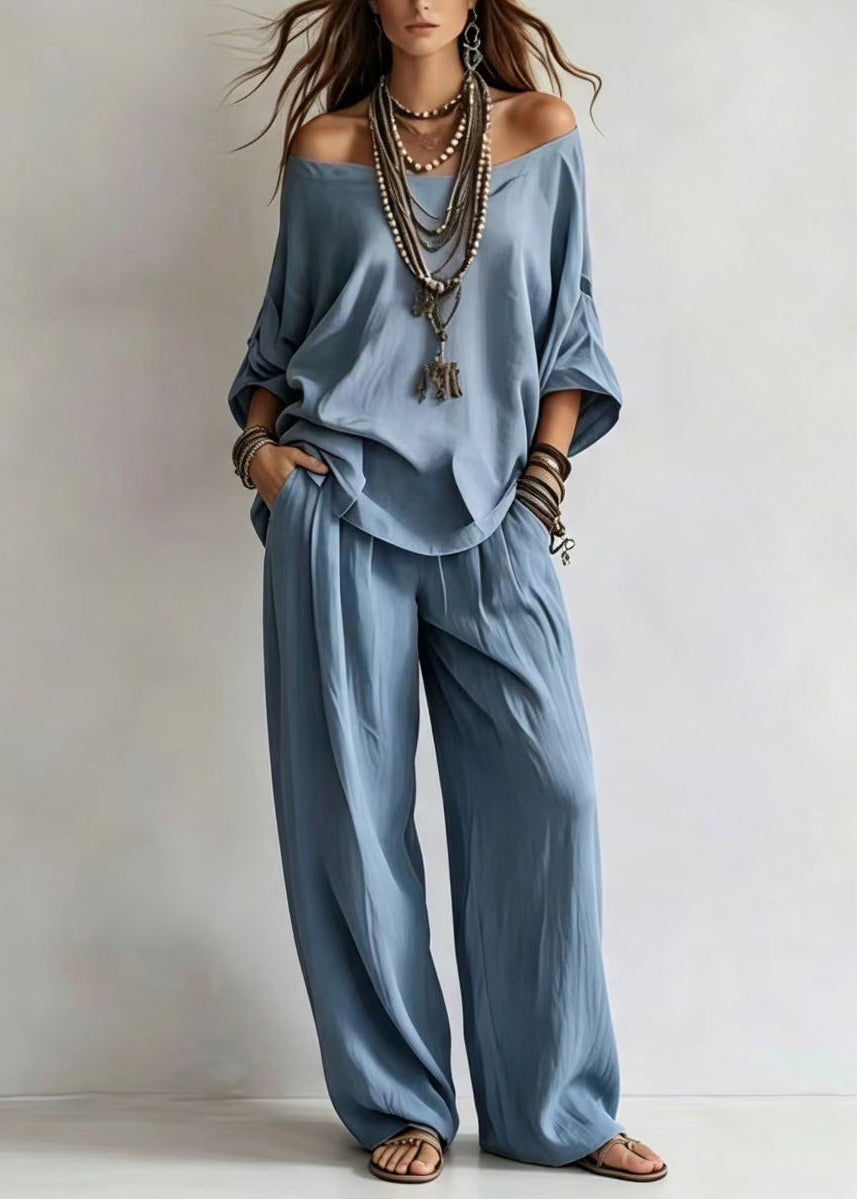 Light Blue 2 Piece Outfit Cold Shoulder Top And Wide Leg Pants Bracelet Sleeve