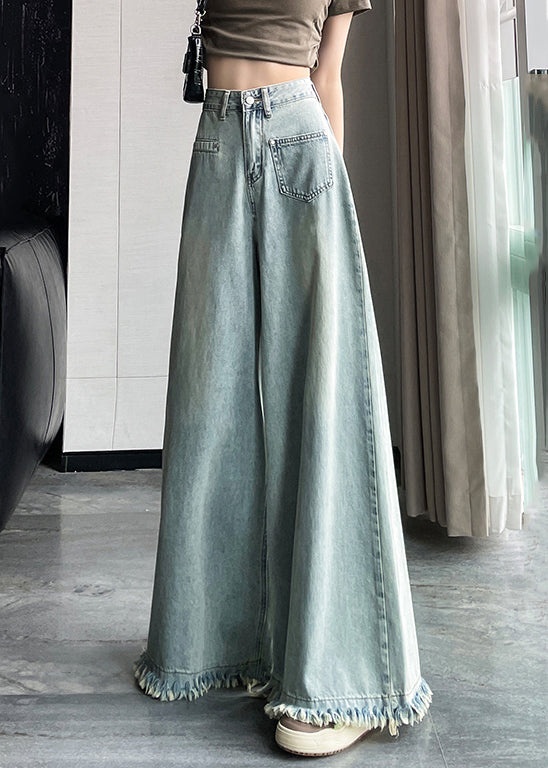 Light Blue Button Denim Wide Leg Pants Tasseled – Omychic