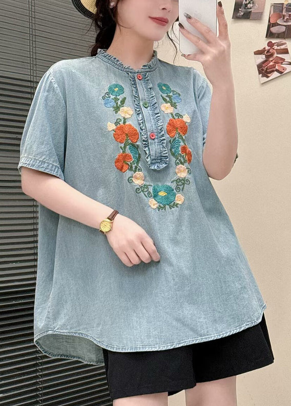 Light Blue Denim Blouses Ruffled Embroidered Summer
